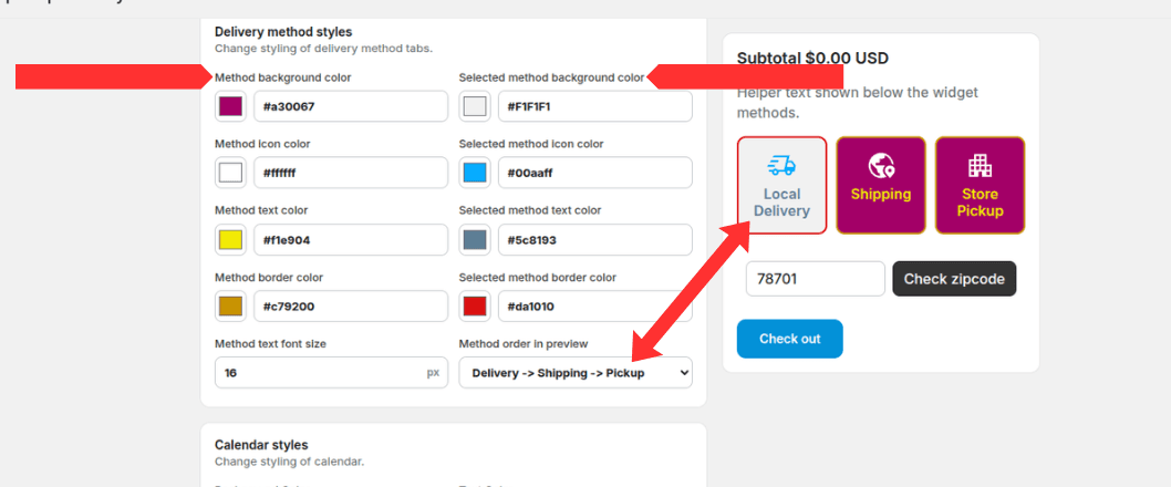 Delivery method style color fields and method order with live preview