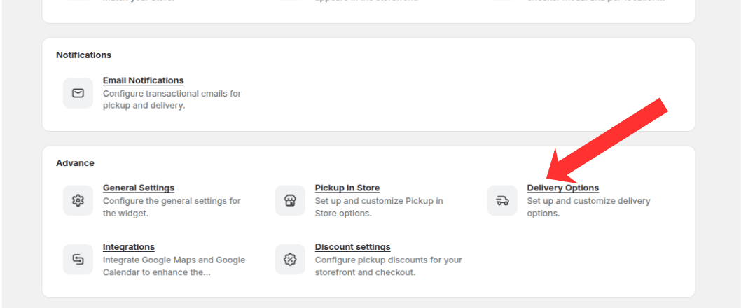 Delivery Options card highlighted on the Settings overview page