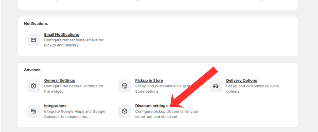 Discount Settings card highlighted on the Settings overview page