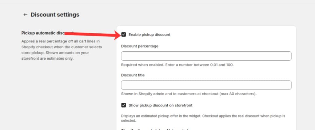 Enable pickup discount checkbox on the Discount settings page