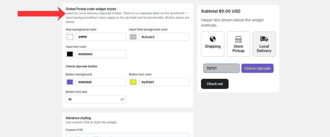 Global postal code widget style settings with zipcode field preview