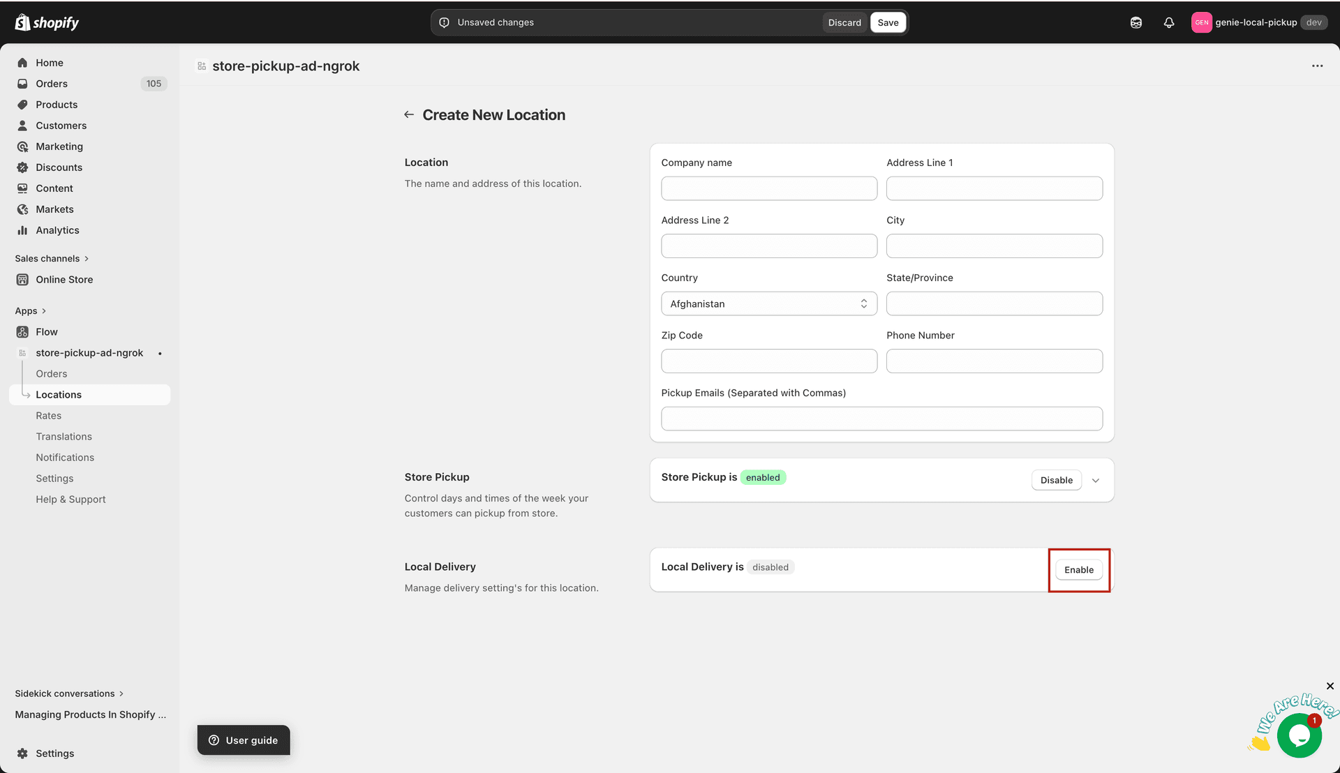 Delivery tab inside location settings