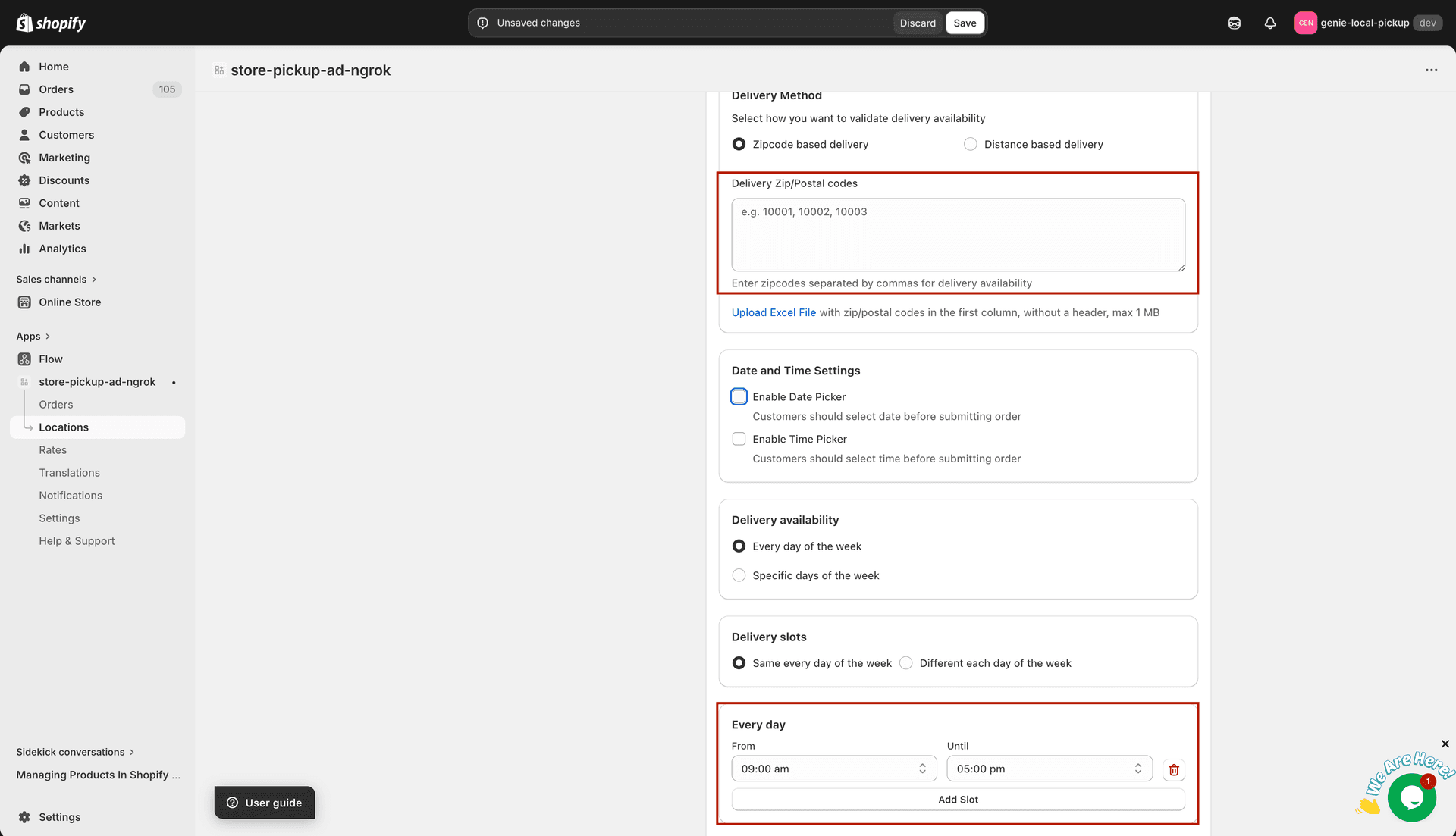 Delivery zipcode and days configuration