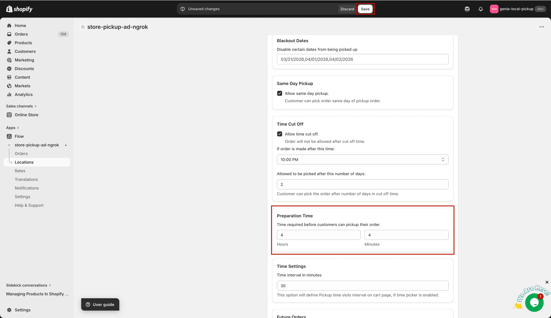 Preparation time setting in location form