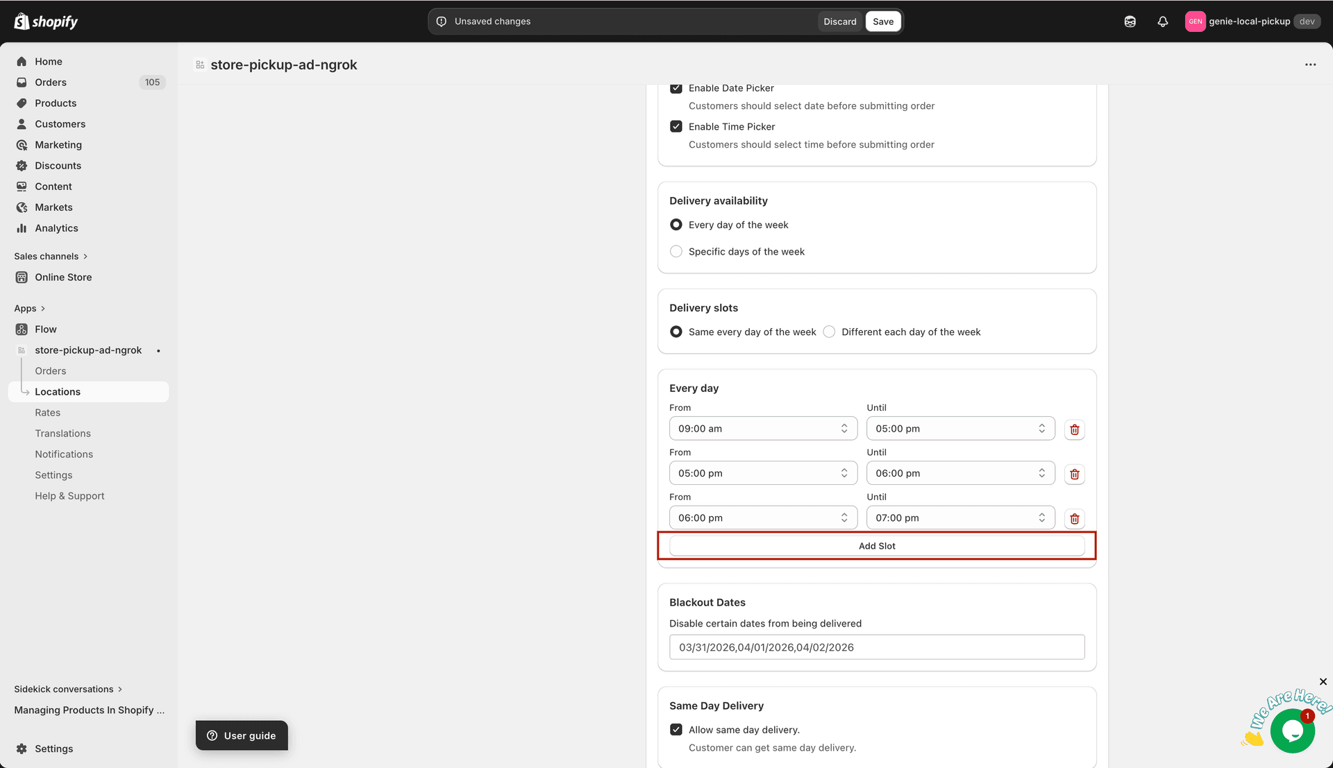Time slot configuration for a day