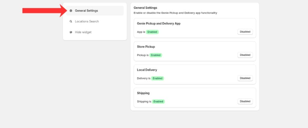 General Settings page with sidebar tabs for General Settings, Locations Search, and Hide widget