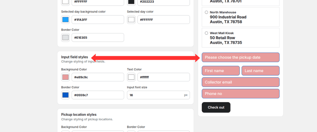 Input field style color and font size settings with form preview
