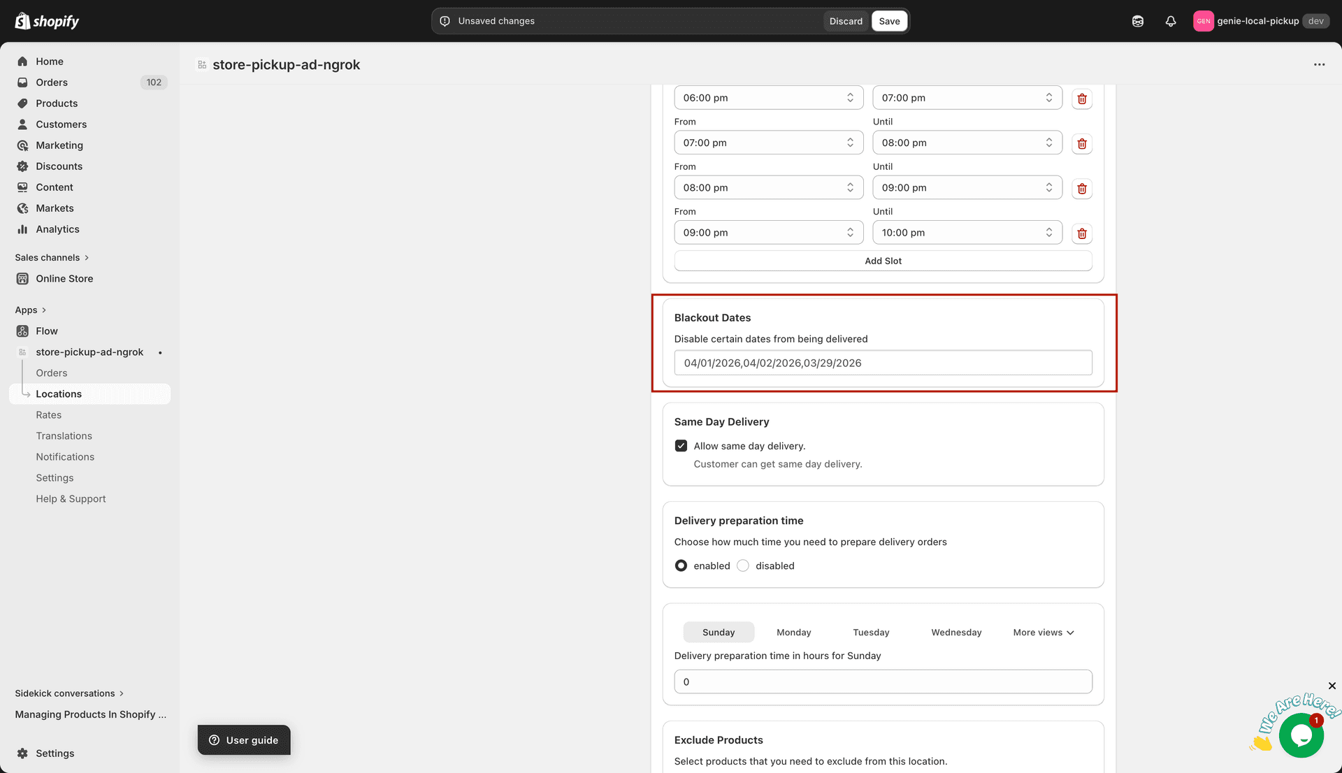 Delivery Blackout Dates card showing the multi-date calendar picker