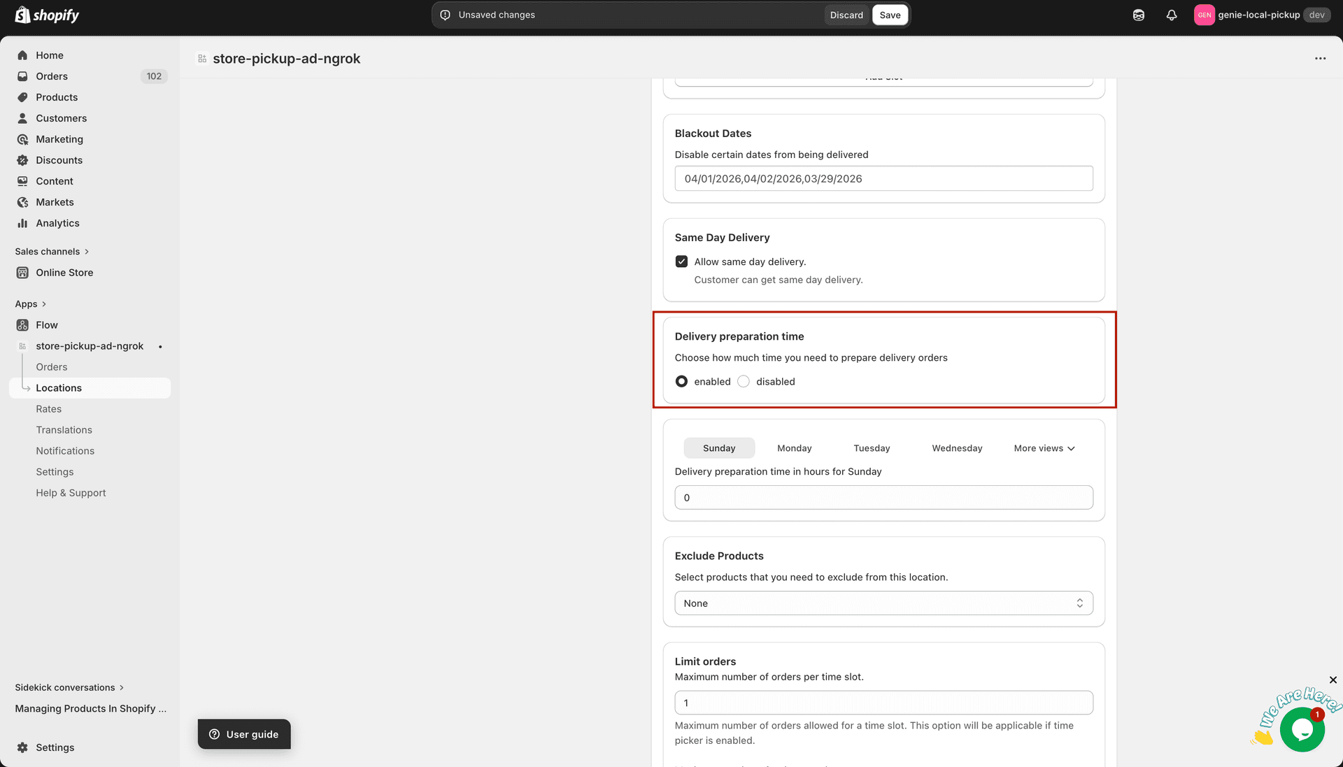 Delivery Preparation Time card with the enable checkbox checked and per-day rows visible