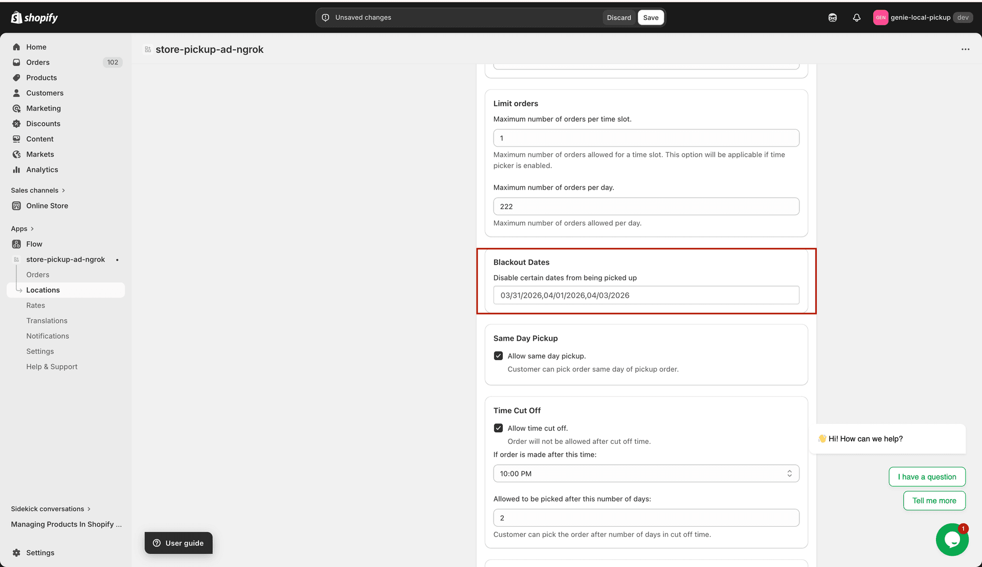 Blackout Dates card showing the multi-date calendar picker