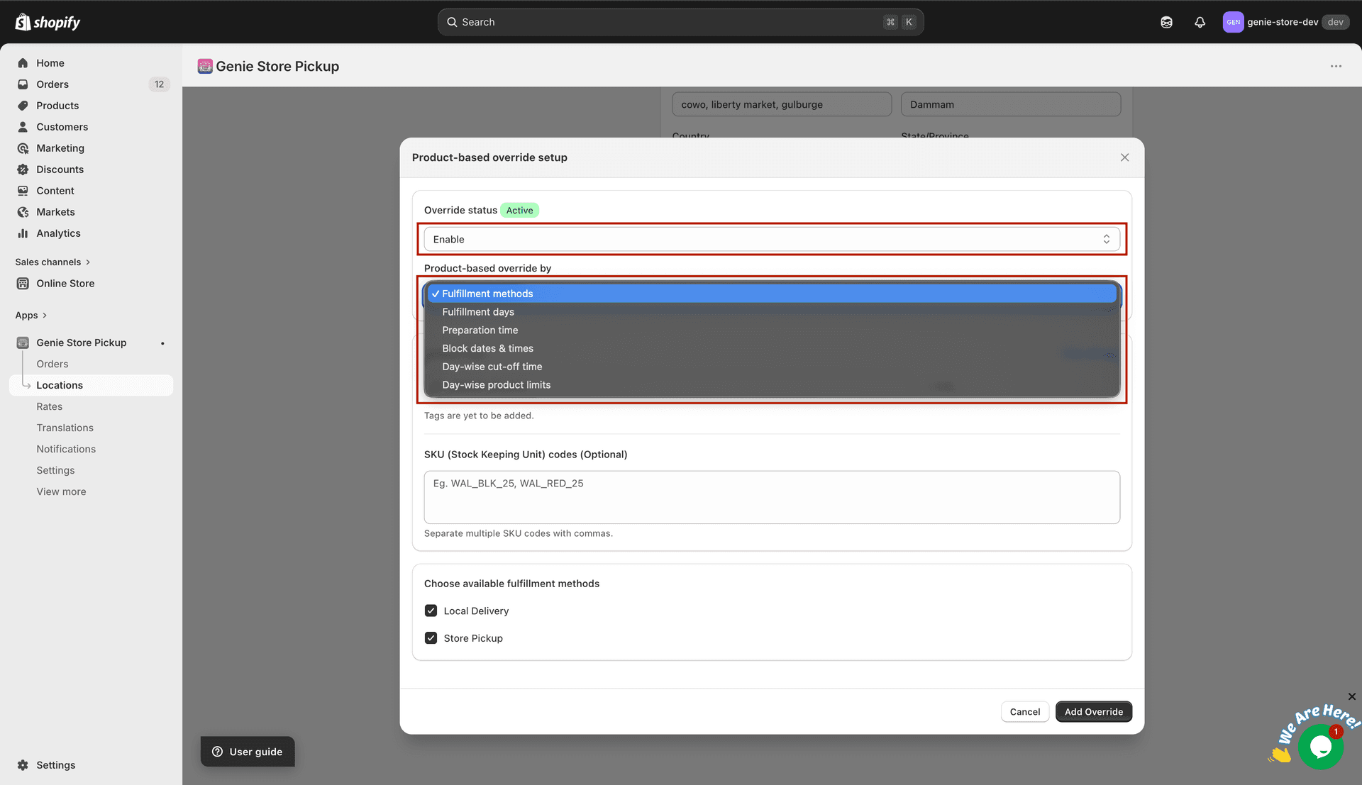 Dropdown listing fulfillment methods, fulfillment days, preparation time, and other override types