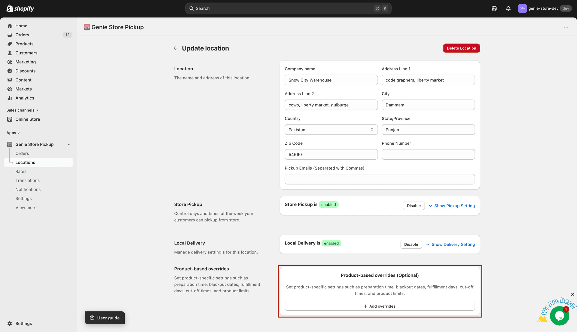 Product-based overrides section on the location form
