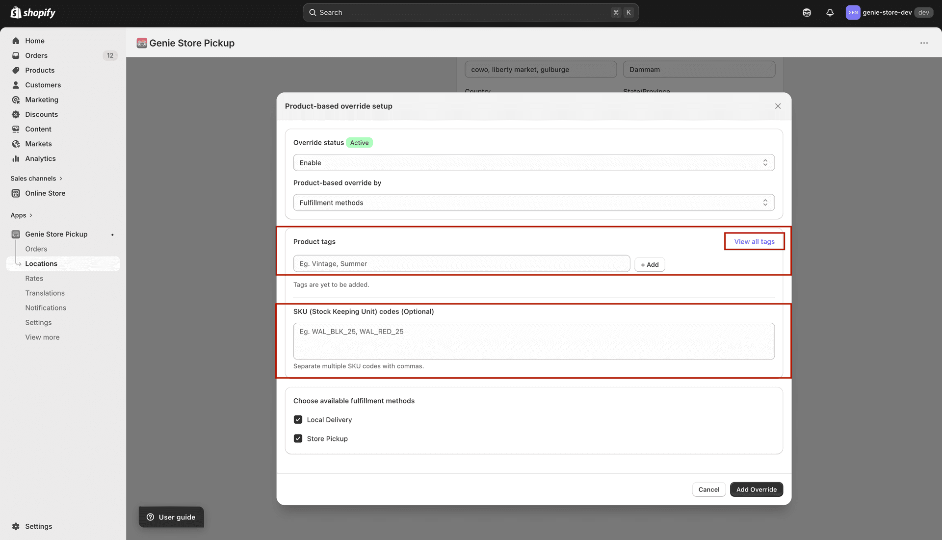 Product tags and SKU fields