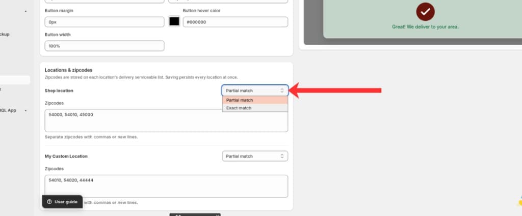 Locations & zipcodes section with Partial match and Exact match dropdown