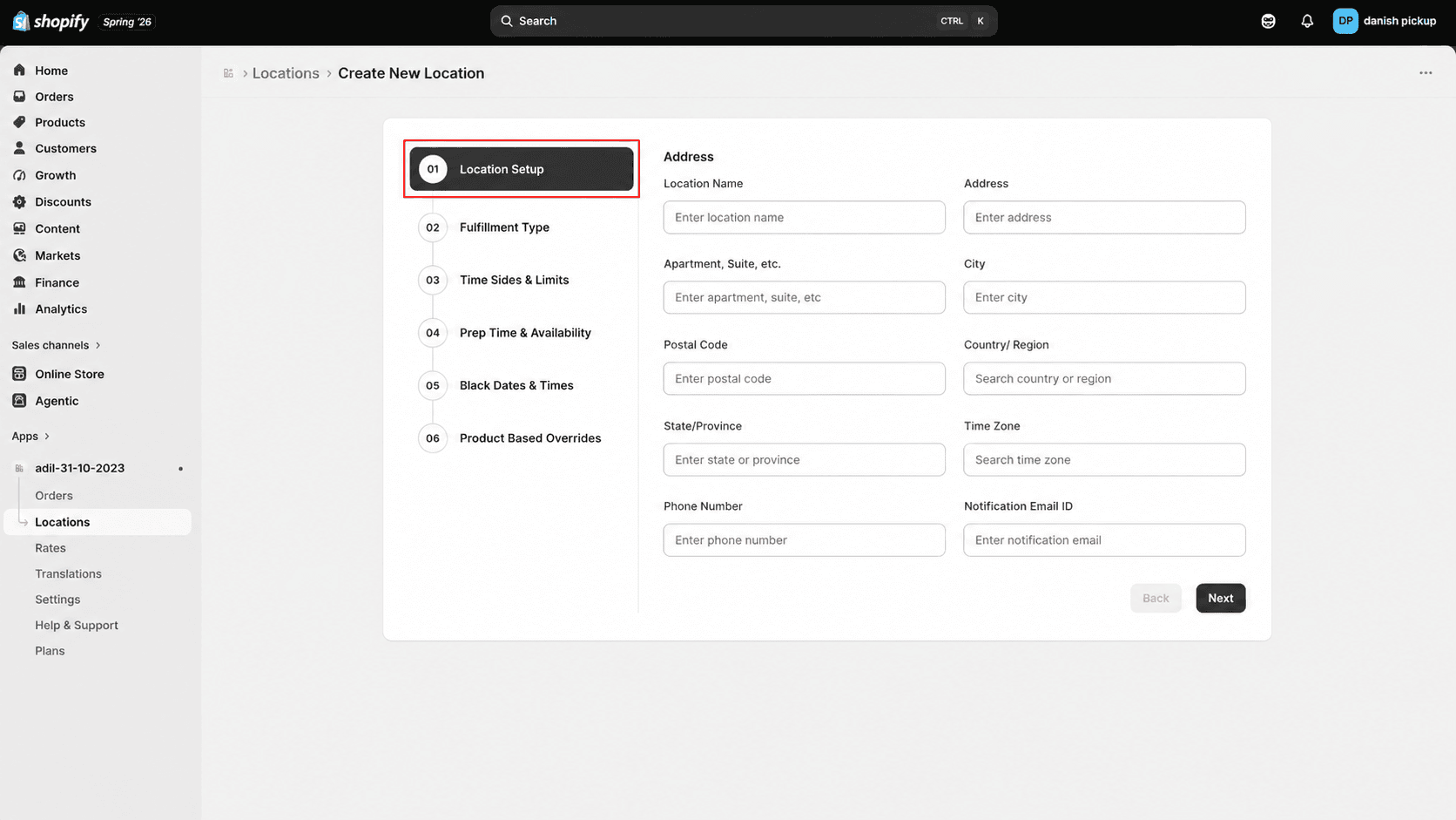 Locations menu highlighted in Shopify admin