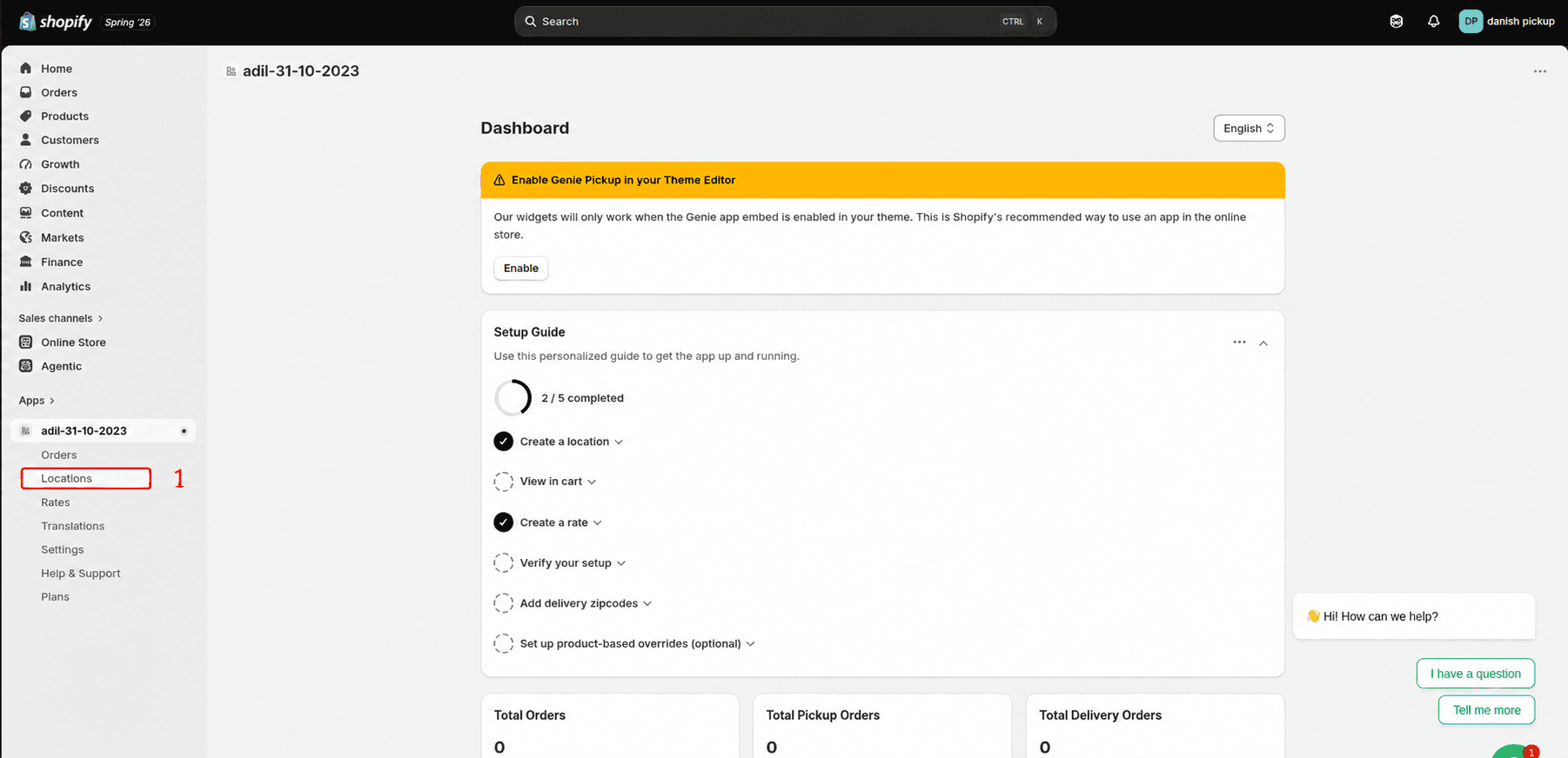 Locations menu highlighted in Shopify admin