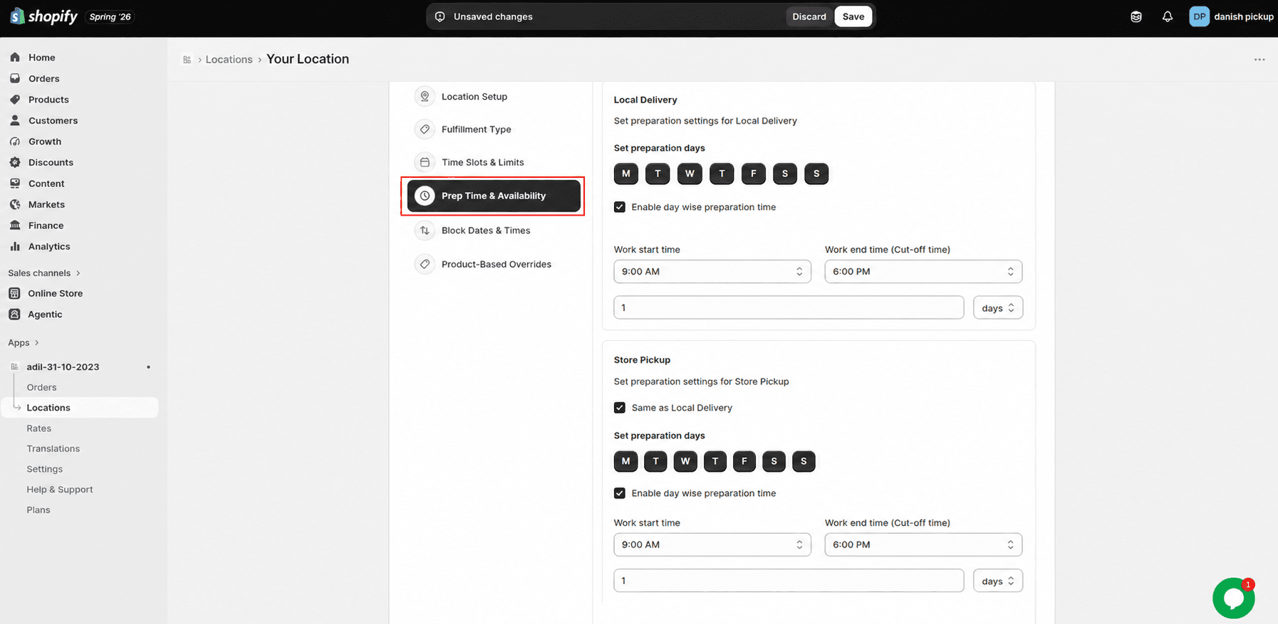 Locations menu highlighted in Shopify admin