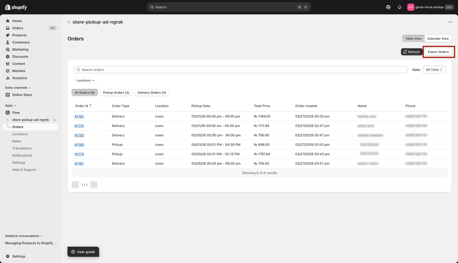 CSV file downloading after clicking Export Orders