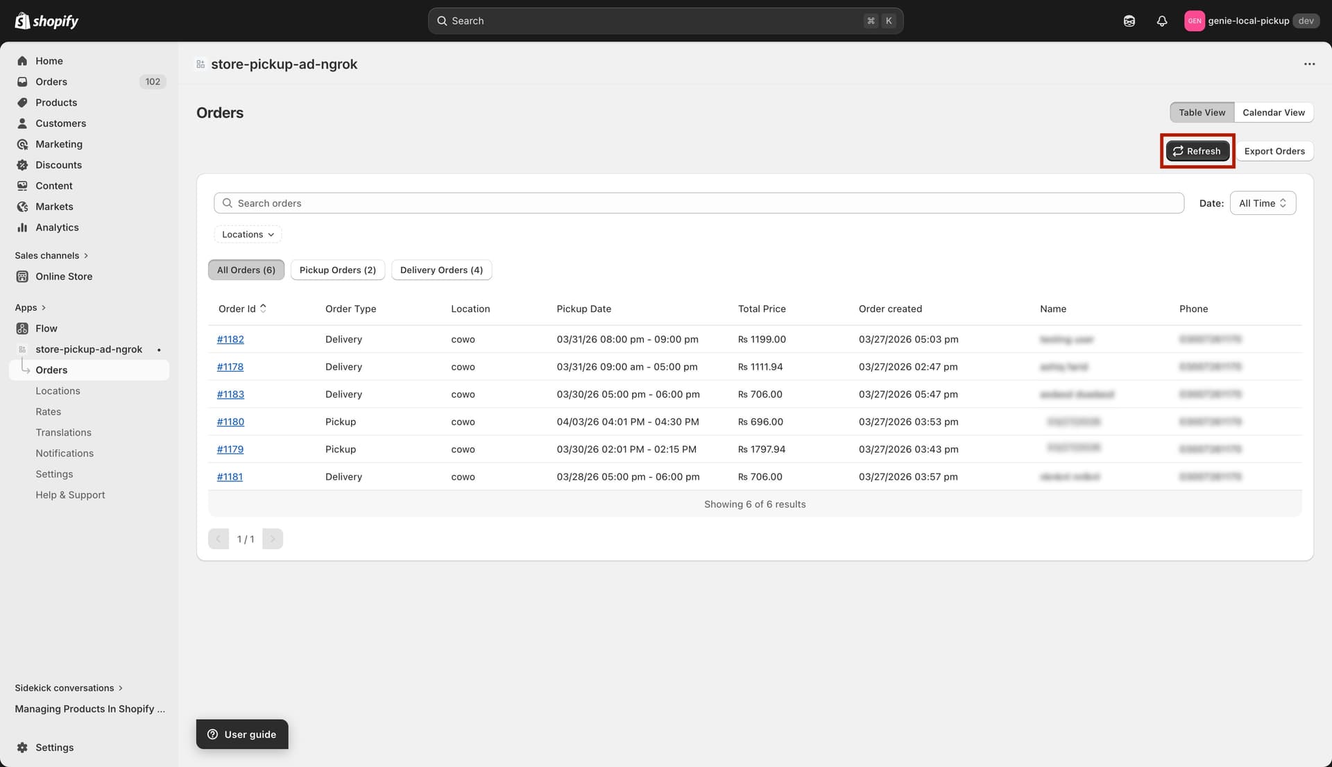 Refresh button in the top-right of the orders page