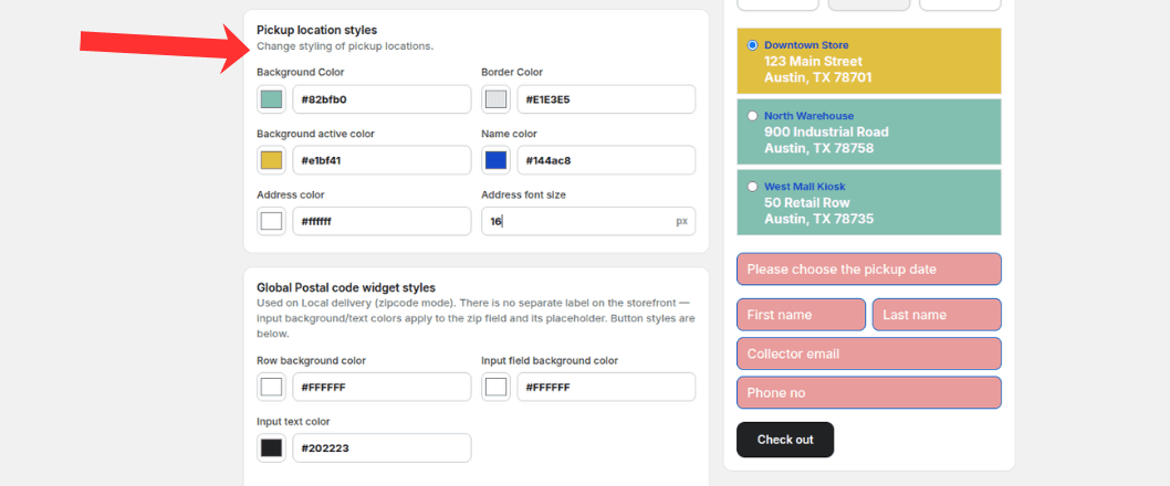 Pickup location style color and font settings with location list preview