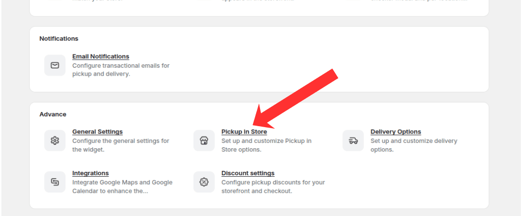 Pickup in Store card highlighted on the Settings overview page