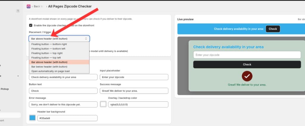 Placement / trigger dropdown with floating button, header bar, and page load options