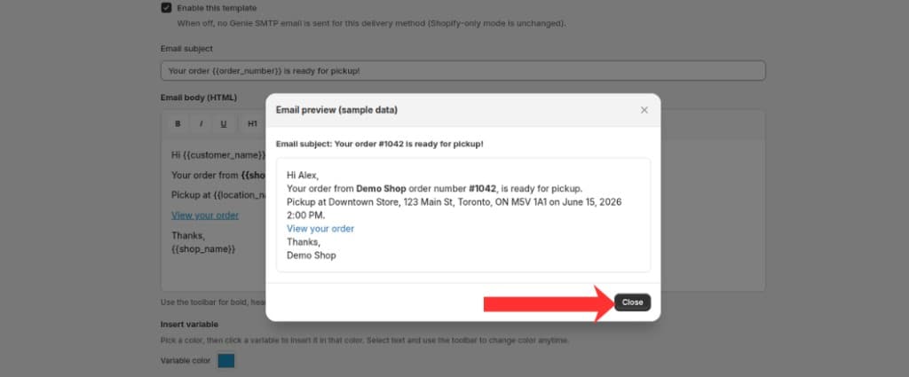 Email preview modal with sample data and Close button