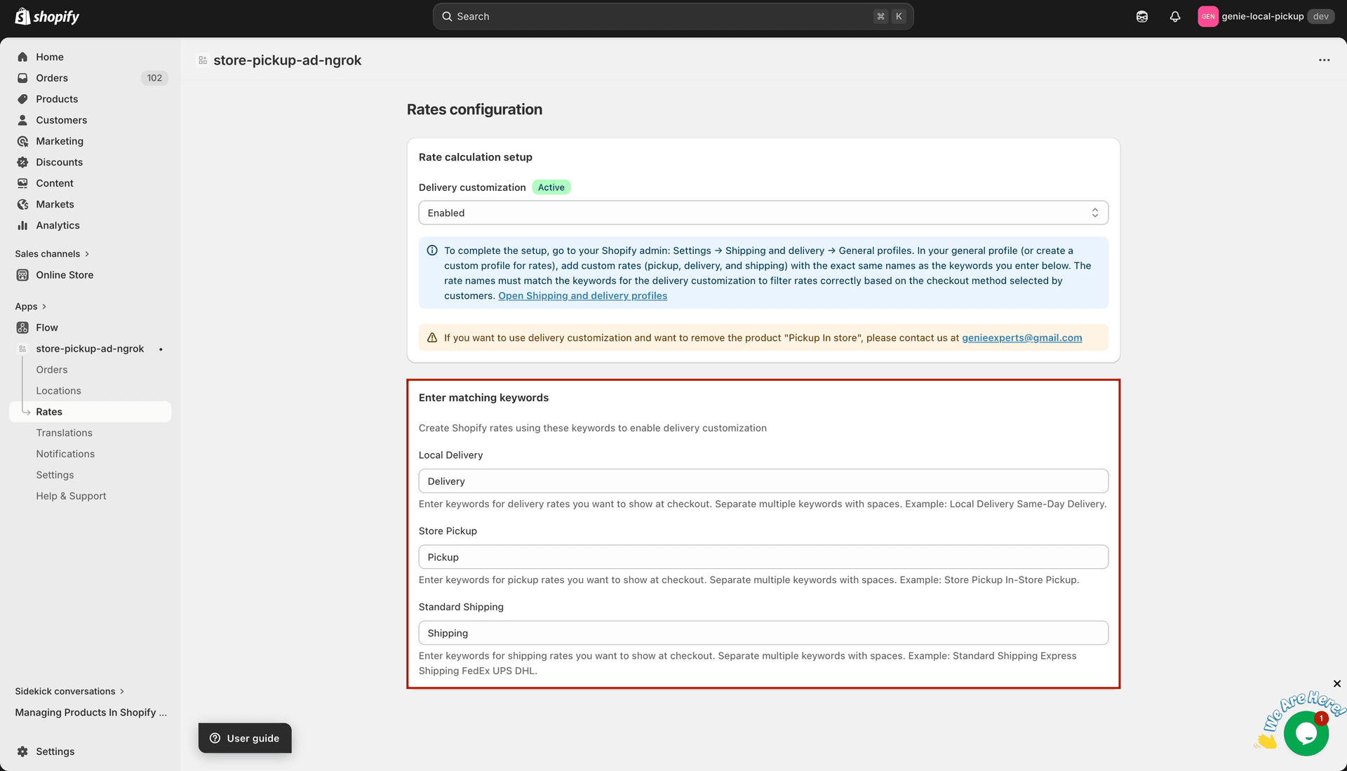 Diagram showing Shopify rates matched by app keywords at checkout