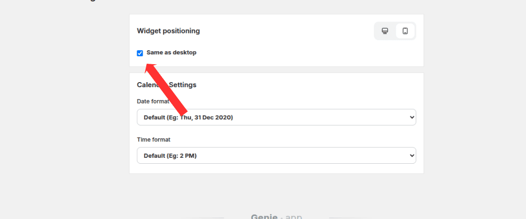 Same as desktop checkbox on the Widget Placement page