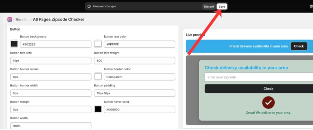 Save button in the unsaved changes bar on the All Pages Zipcode Checker page