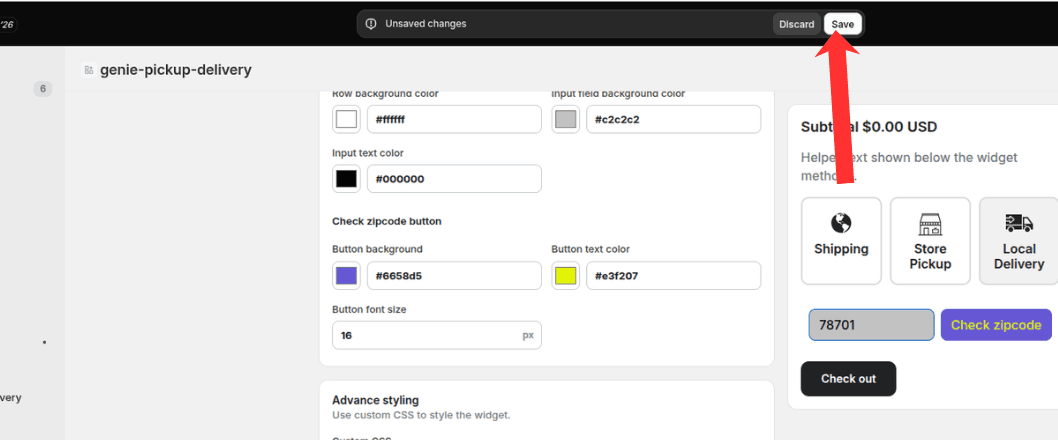 Save button in the unsaved changes bar on the Widget Design page