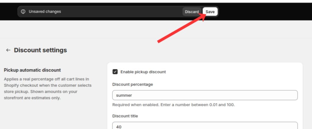 Save button in the unsaved changes bar on the Discount settings page