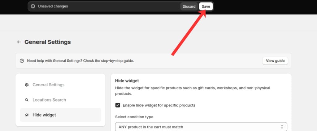 Save button in the unsaved changes bar on the Hide widget tab
