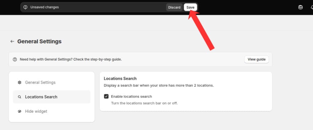 Save button in the unsaved changes bar on the Locations Search tab