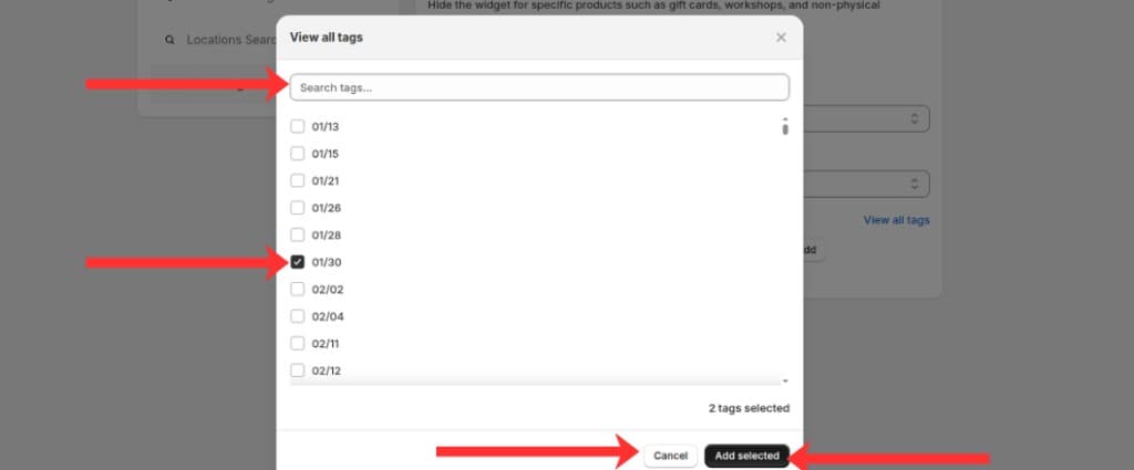 View all tags modal with search, tag checkboxes, and Add selected button