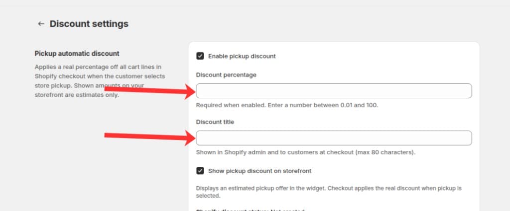 Discount percentage and Discount title fields on the Discount settings page