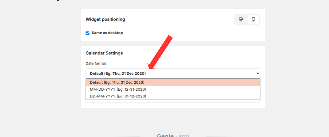 Date format dropdown on the Widget Placement page
