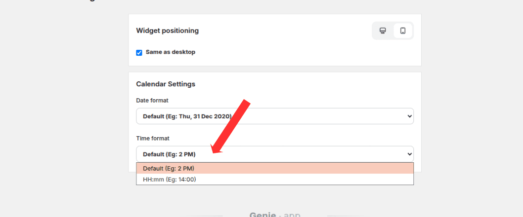 Time format dropdown on the Widget Placement page