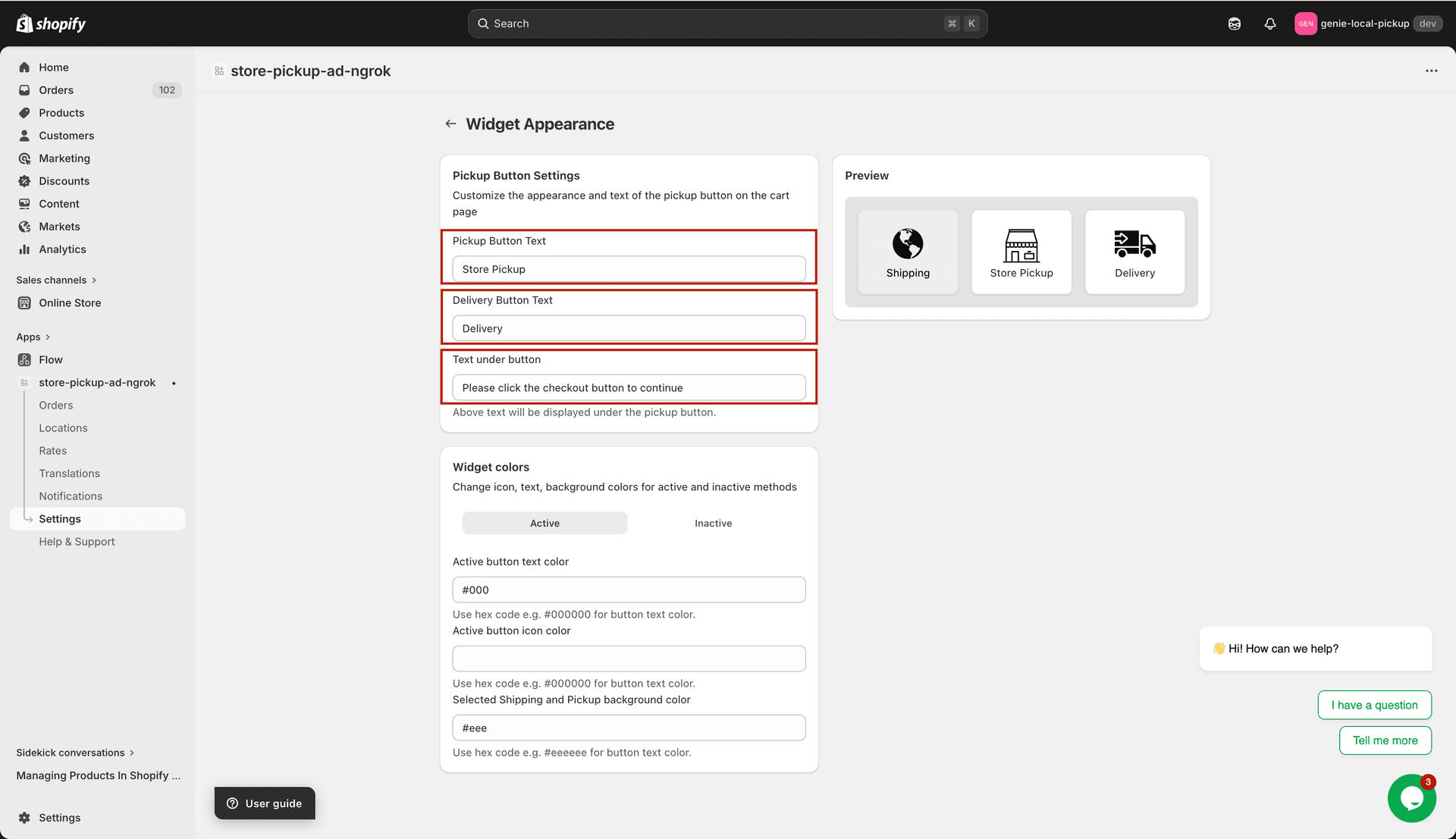 Three text fields: Pickup Button Text, Delivery Button Text, Text Under Button