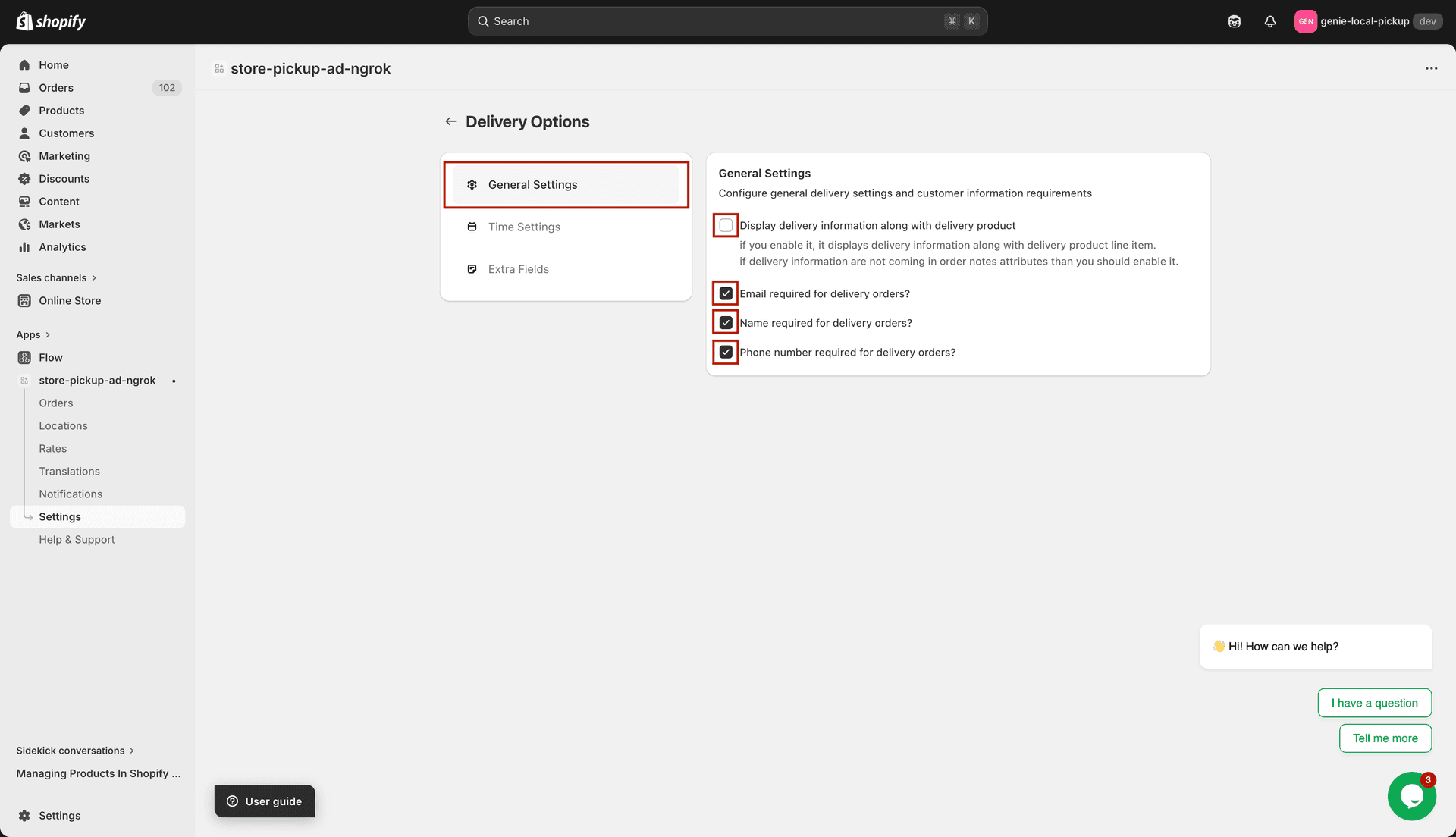 General Settings tab with Display Delivery Information and required field checkboxes
