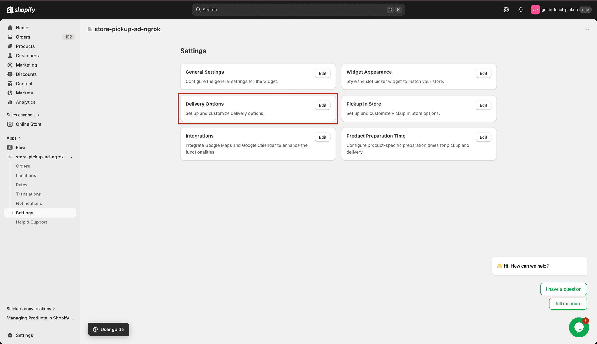Delivery Options page with 3 sub-tabs in the left navigation