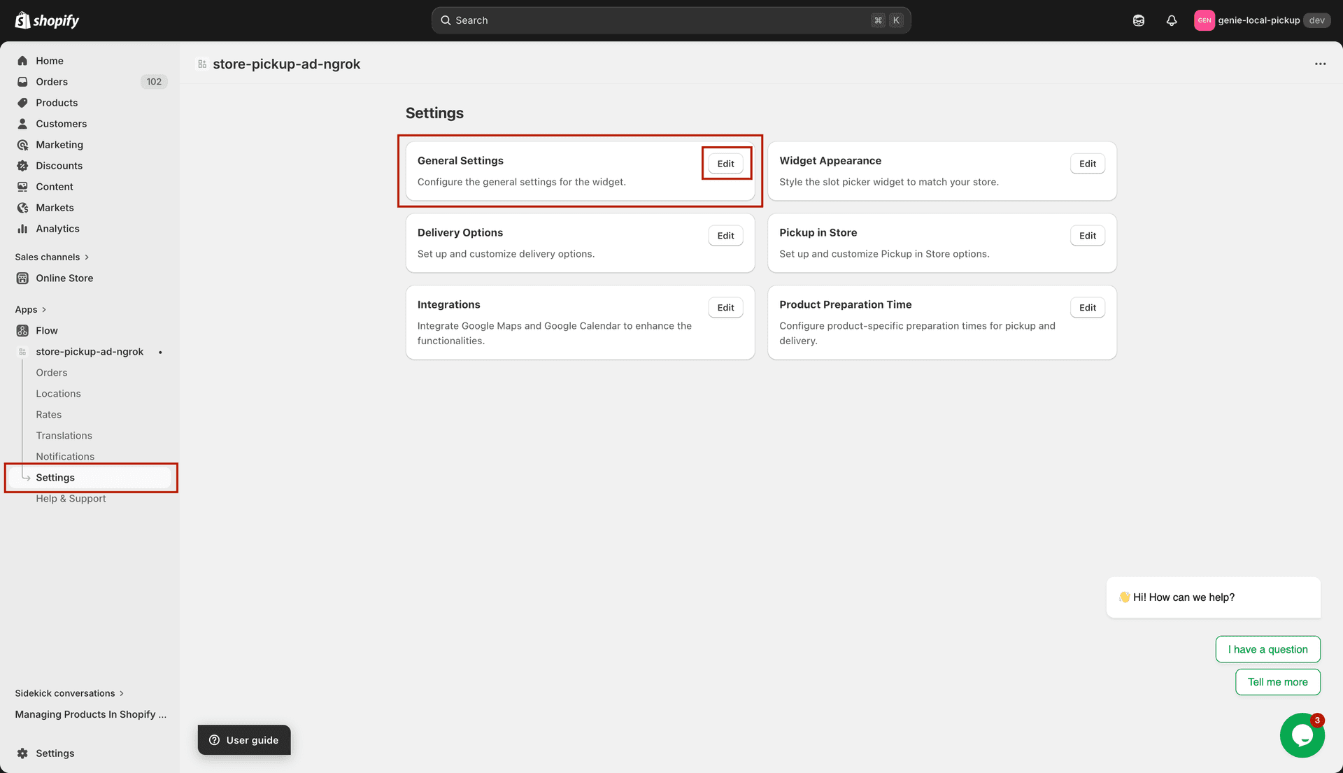 General Settings page with 4 toggle cards
