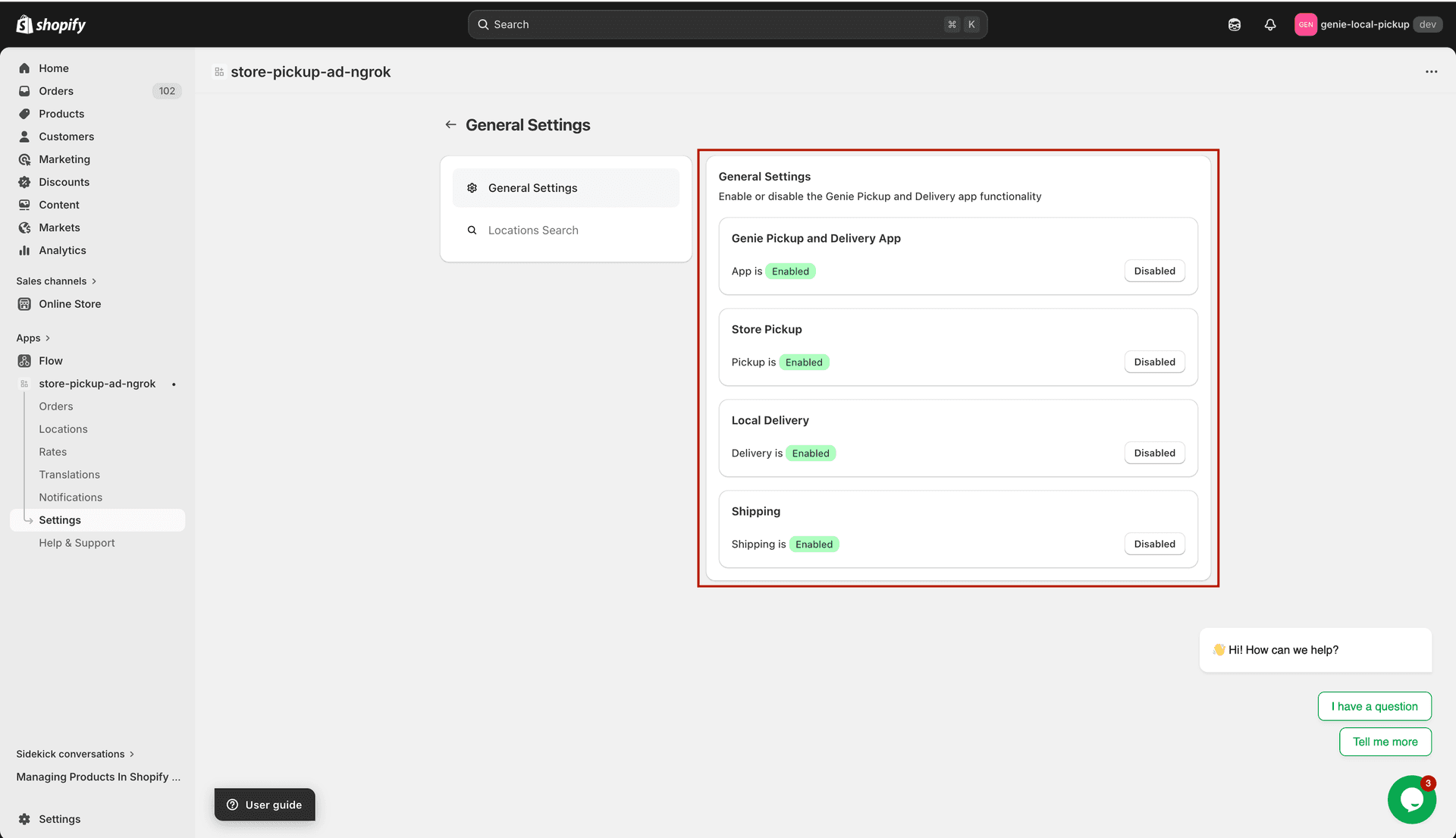 Four toggle cards: App, Store Pickup, Local Delivery, Shipping