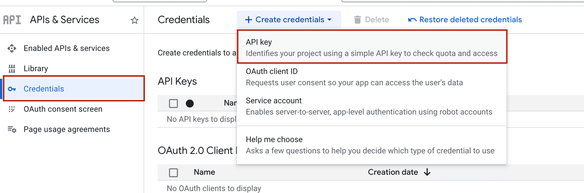 Google Cloud Console APIs enabled and Credentials page for creating an API key