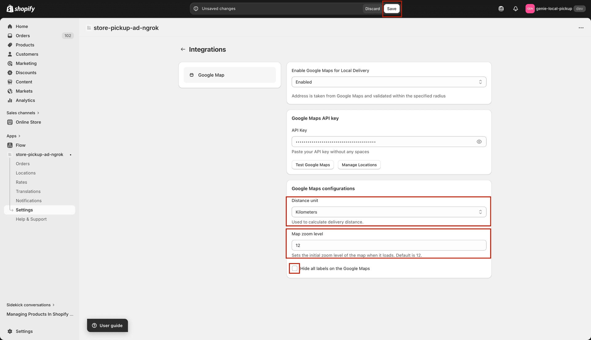 Distance unit, map zoom level, and hide labels settings