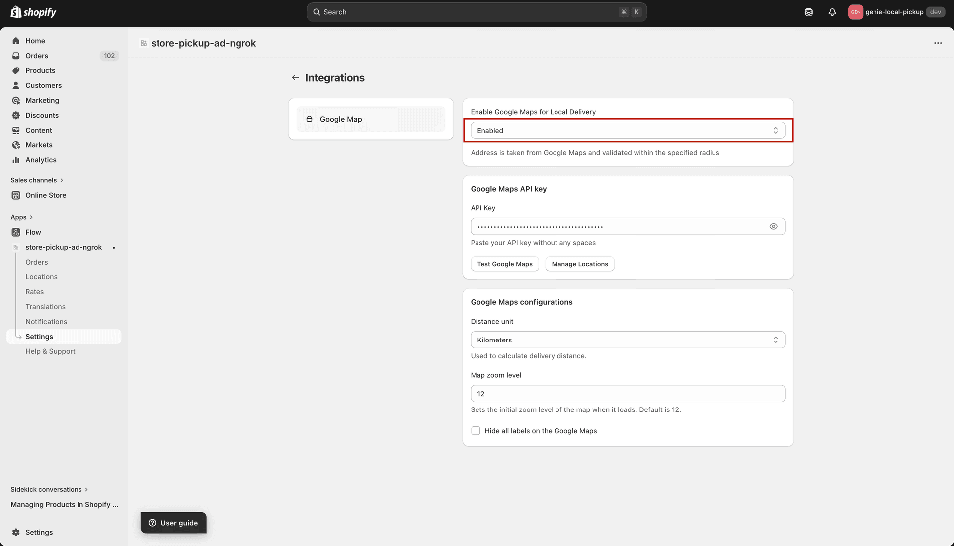 Enable Google Maps dropdown set to Enabled