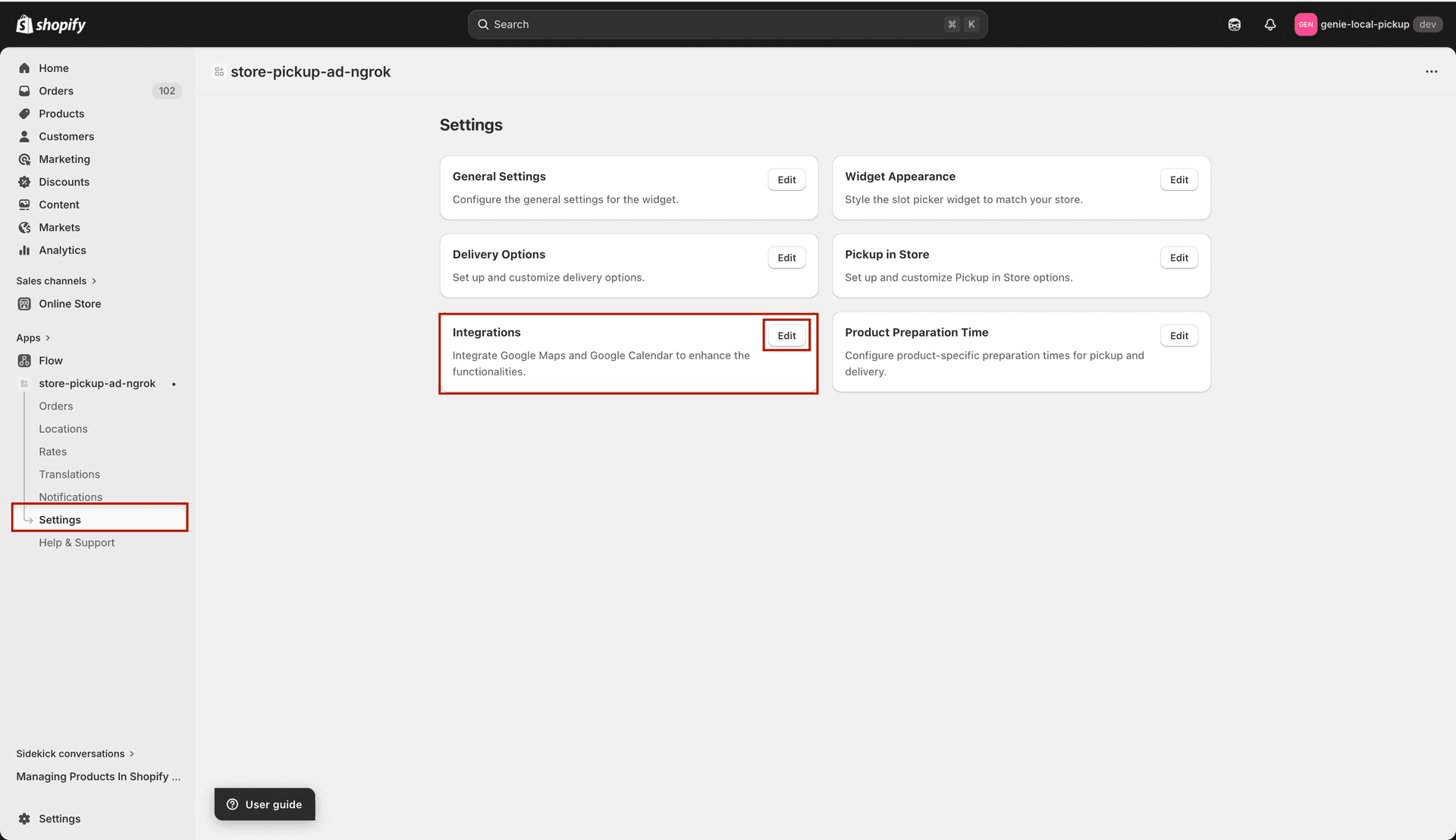 Google Maps integration settings page