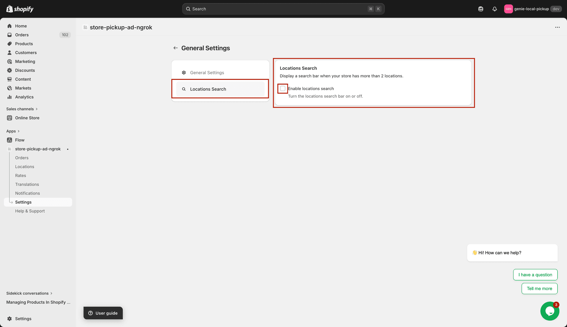 Locations Search tab with Enable Locations Search checkbox