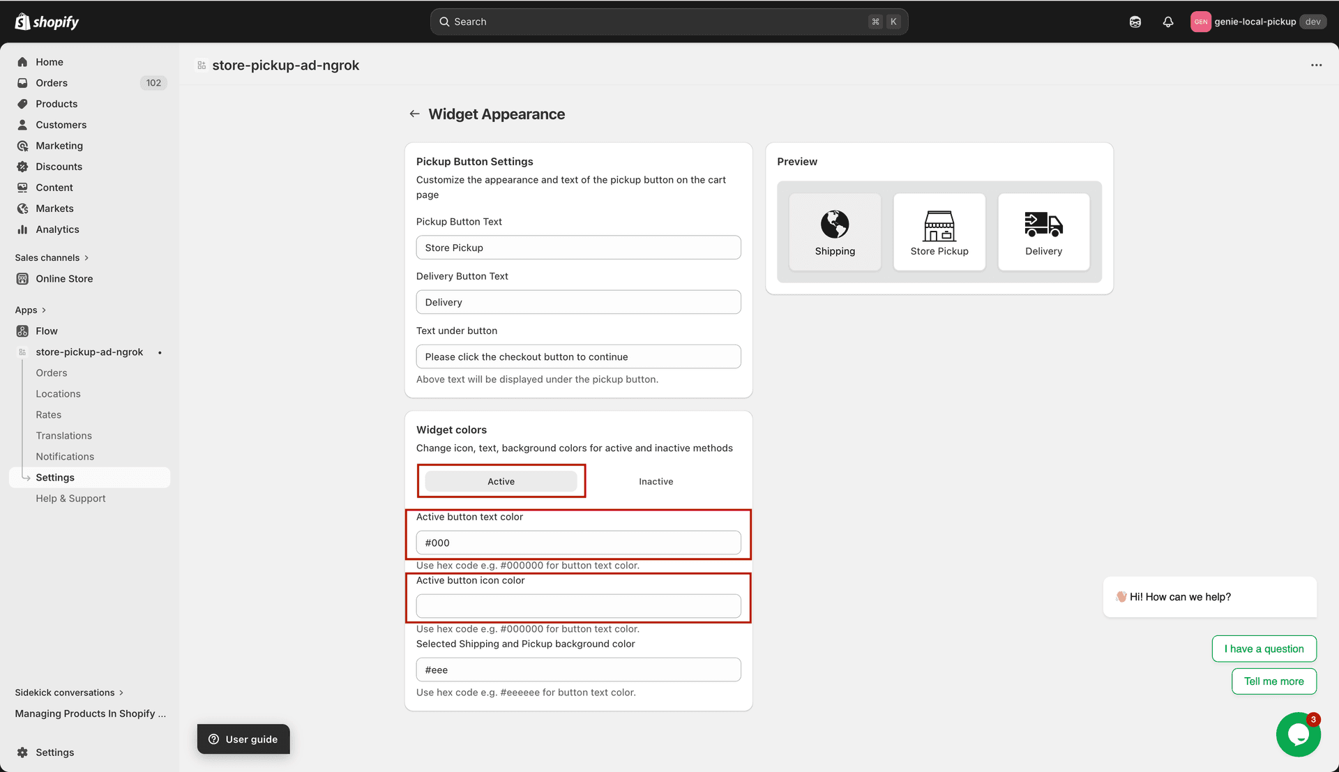 Color picker fields showing active button colors