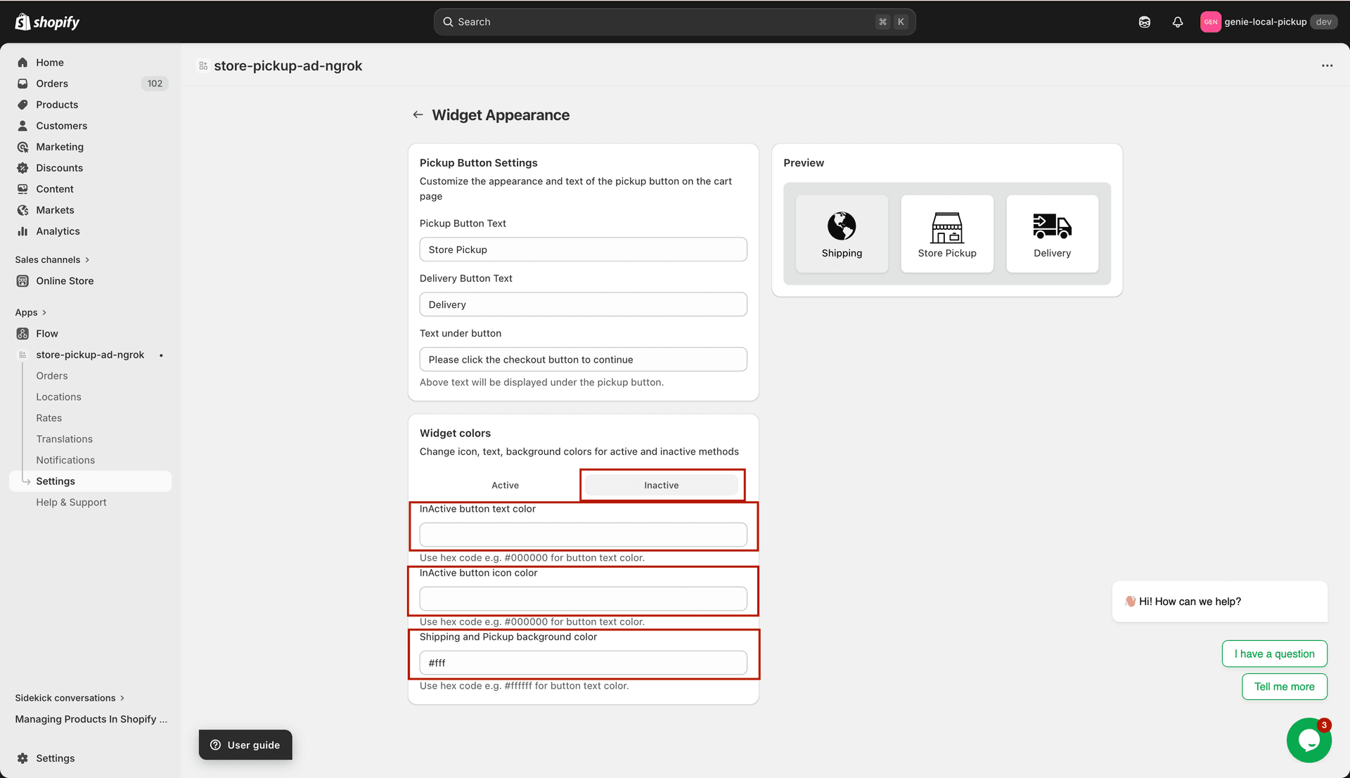 Color picker fields showing inactive button colors